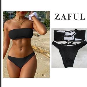 Zaful Strapless Ribbed High Cut Bandeau Bikini Set